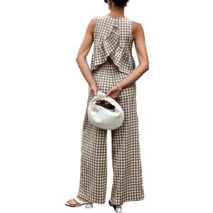 codcm Women's 2 Piece Gingham Set Summer Outfits Ruffle Tank Top and Wide Leg Pants Matching Lounge Set XL