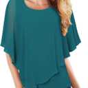 Lotusmile Women's Lightweight Flowy Shirt Double-Layered Printed Chiffon Poncho Blouse Top (3X-Large, Dark Cyan)