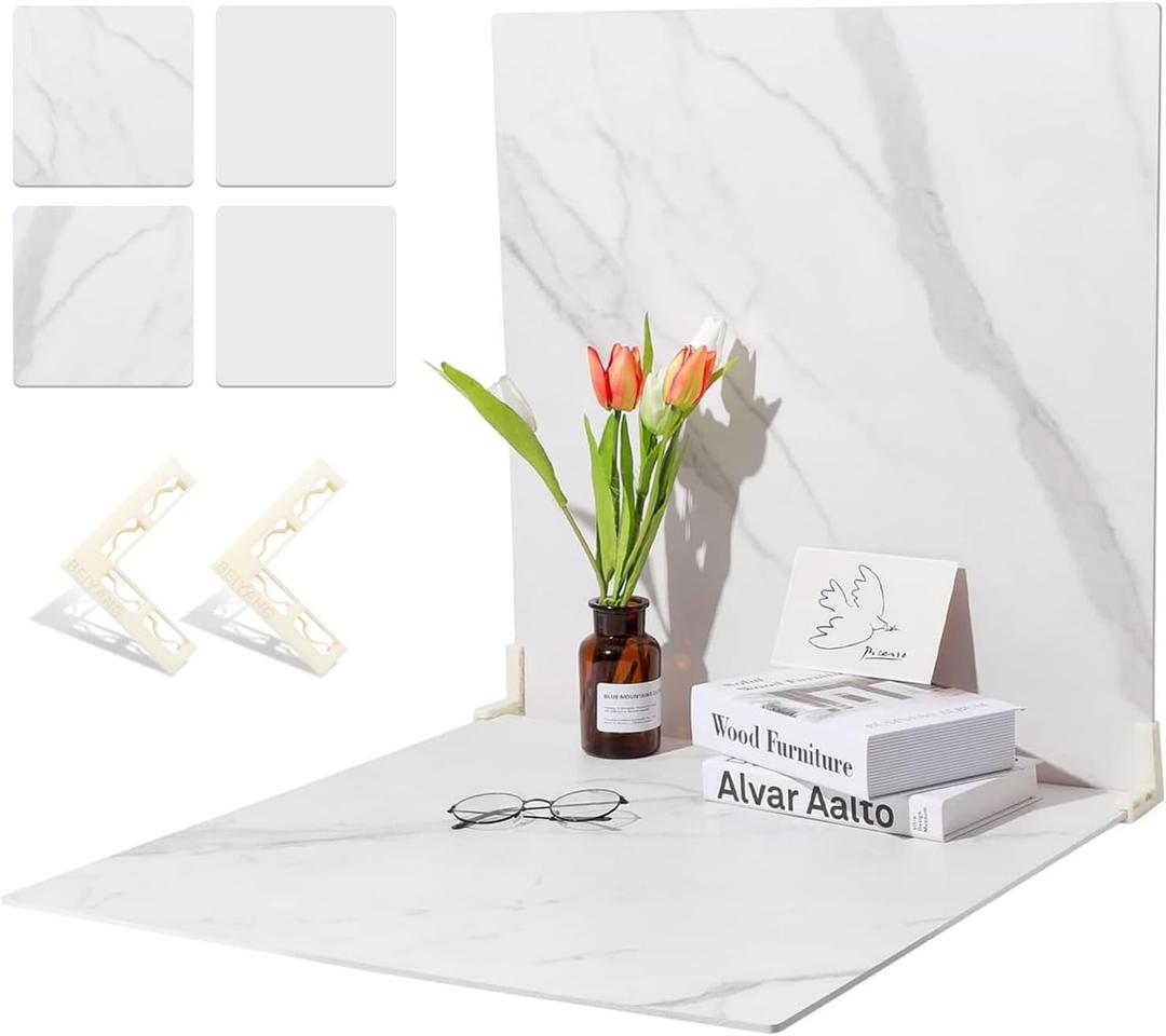 BEIYANG 2 Marble 24x24 Inch Photography Backdrop Boards with 2 PCS Bracket for Flat Lay or Food Photography Background Marble and White Backdrop Photo Table Backdrop