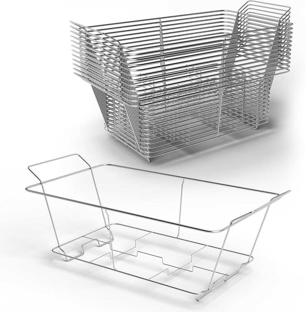 12 Pack - Professional Fixed Chafing Wire Rack: Heavy Duty Plated Steel Chafer Stand for Full Size & Half Size Steam Table Pans, Industry Compatible, Stackable for Catering & Banquets
