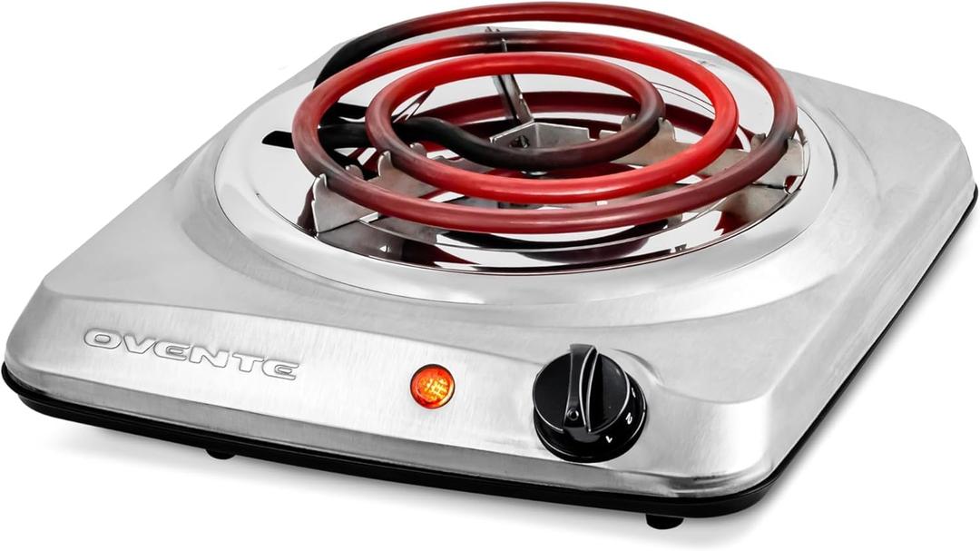 OVENTE Electric Countertop Single Burner, 1000W Cooktop with 6" Stainless Steel Coil Hot Plate, 5 Level Temperature Control, Indicator Light, Compact Cooking Stove and Easy to Clean, Silver BGC101S