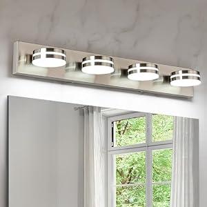Bicrink Brushed Nickel Vanity Lights for Bathroom, 4-Light Bathroom Light Fixtures Over Mirror, LED Dimmable Bath Lighting Fixture, Modern Wall Mounted Lighting Fixture