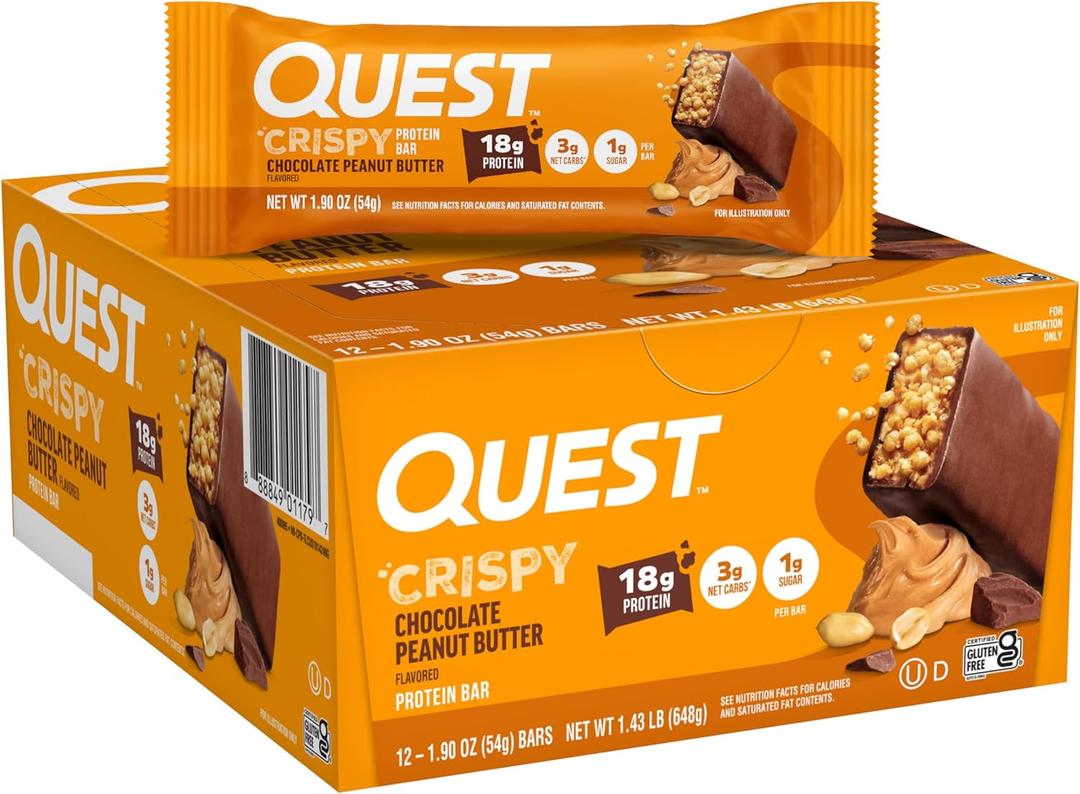 Quest Nutrition Crispy Chocolate Peanut Butter Hero Protein Bar, 18g Protein, 1g Sugar, 3g Net Carb, Gluten Free Protein Snack, Keto Friendly, 12 Count (EXP 08/23/26)