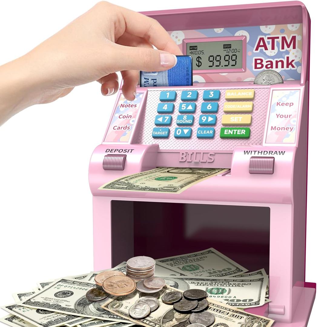 ATM Piggy Bank for Kids, Kids Bank for Real Money with Debit Card, Coin Recognition, Target Setting, Bill Feeder, Balance Calculator, Savings Machine Box, Gifts for Teen Boys Girls (Large, Light Pinke)