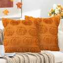 Pumpkin Fall Decorative Throw Pillow Covers 18"x18", Set of 2 Orange Soft Faux Fur Pillow Covers for Autumn Harvest, Fluffy Plush Accent Pillow Cases for Farmhouse Couch Cushion Covers