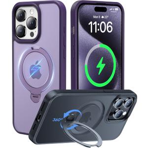 New Upgrade for iPhone 15 Pro Max Case with 360 Spin Titanium Magnetic Stand [16FT Military Grade Shockproof] [Fit for MagSafe] Matte Translucent Slim Kickstand 15 ProMax Phone Cover 6.7'', Purple