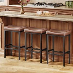 Vellorise 24 Inch Counter Height Bar Stools Set of 3, Compact Counter Stools for Small Spaces, Premium Faux Leather Barstools with Right-Sized Saddle Seat & Metal Legs, 15-Minute Easy Assembly, Brown
