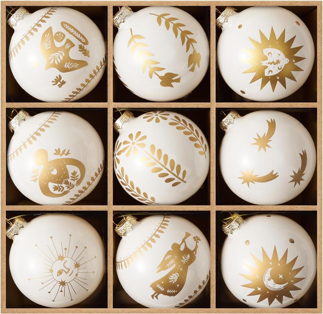 DN DECONATION 9Pcs Christmas Ball Ornaments 3.14 Vintage White &Gold Glass Ornament Balls with Peace Patterns, Decorative Hanging Ornaments for Christmas Tree Decoration, Elegant Holiday Home Decor