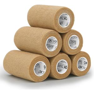 OK TAPE Self Adherent Cohesive Bandages Wrap - 6Packs, 4" x 5 Yards, Non-Woven Self Adhesive Bandage Wrap for Thumb, Finger, Wrist, Ankle, Vet Wrap Bandages Tape (Beige)