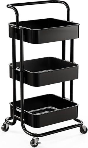 Pipishell 3 Tier Mesh Utility Cart, Rolling Metal Organization Cart with Handle and Lockable Wheels, Multifunctional Storage Shelves for Kitchen Living Room Office Black