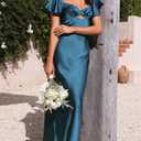 Summer Satin Flutter Sleeve Wedding Guest Dresses for Women Sweetheart Neckline Cutout Tie Back Midi Cocktail Dress (Blue, M)