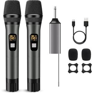 Wireless Microphone, Handheld UHF Dual Metal Cordless Dynamic Mic System with Rechargeable Receiver,200ft Range,for Karaoke, Speech, Party, Wedding, Church,Singing Machine-Auto Connect