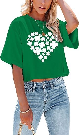 St Patricks Day Shirt Women Luck Shamrock Shirts Cute Saint Patricks Day Crop Top Irish Raglan Shirt (S) 