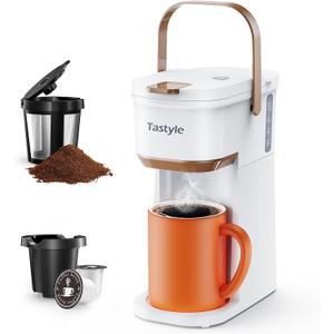 Single Serve One Cup Coffee Maker, for K Cups and Grounds, Mini Coffee Maker with Portable Handle, 6 to 12 Oz Brew Size, for Travel, Camping, Office, RV and Dorm, 120V, White and Brown