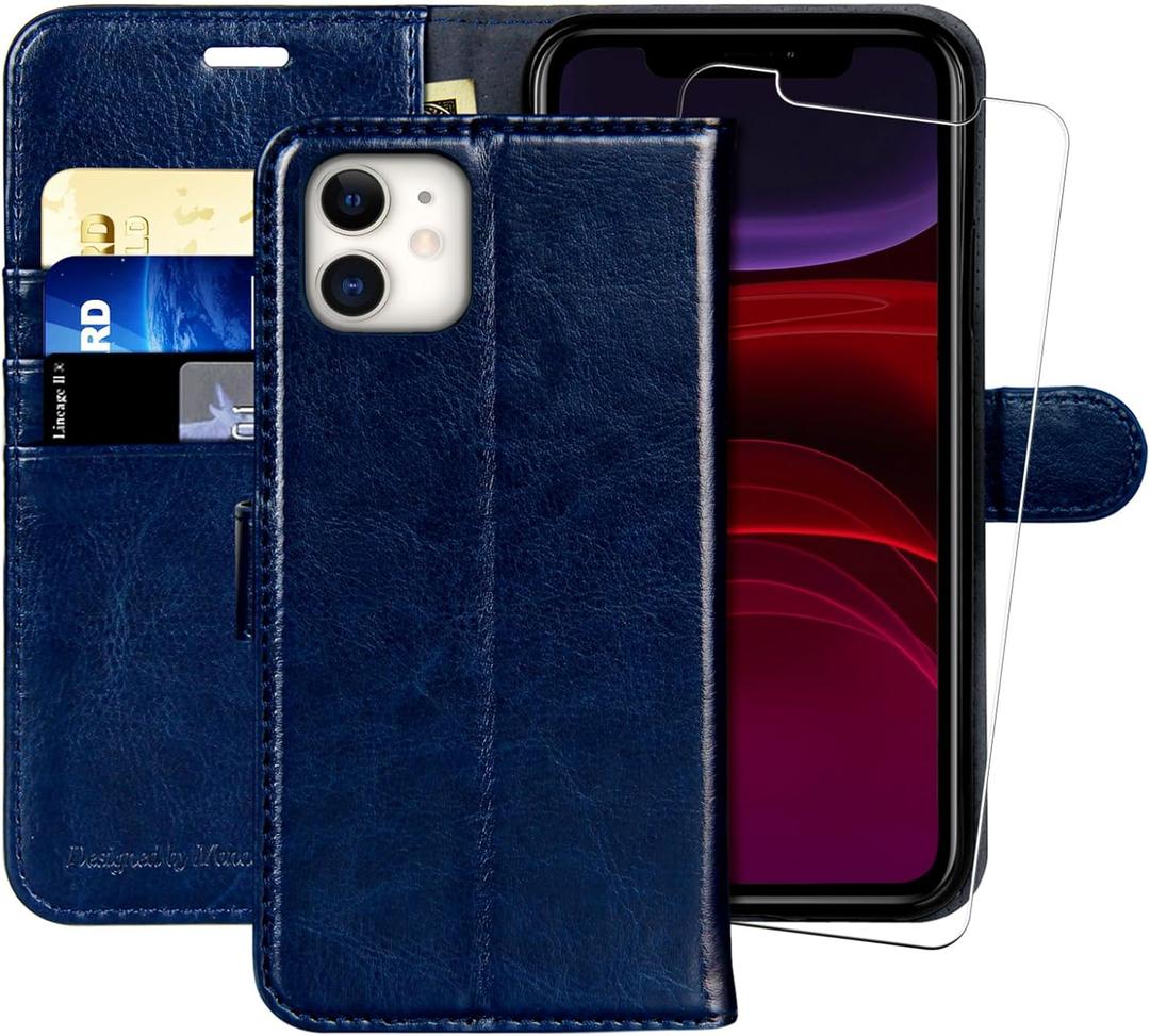 MONASAY Wallet Case Compatible for iPhone 11, 6.1-inch, [Glass Screen Protector Included] [RFID Blocking] Flip Folio Leather Cell Phone Cover with Credit Card Holder, Blue