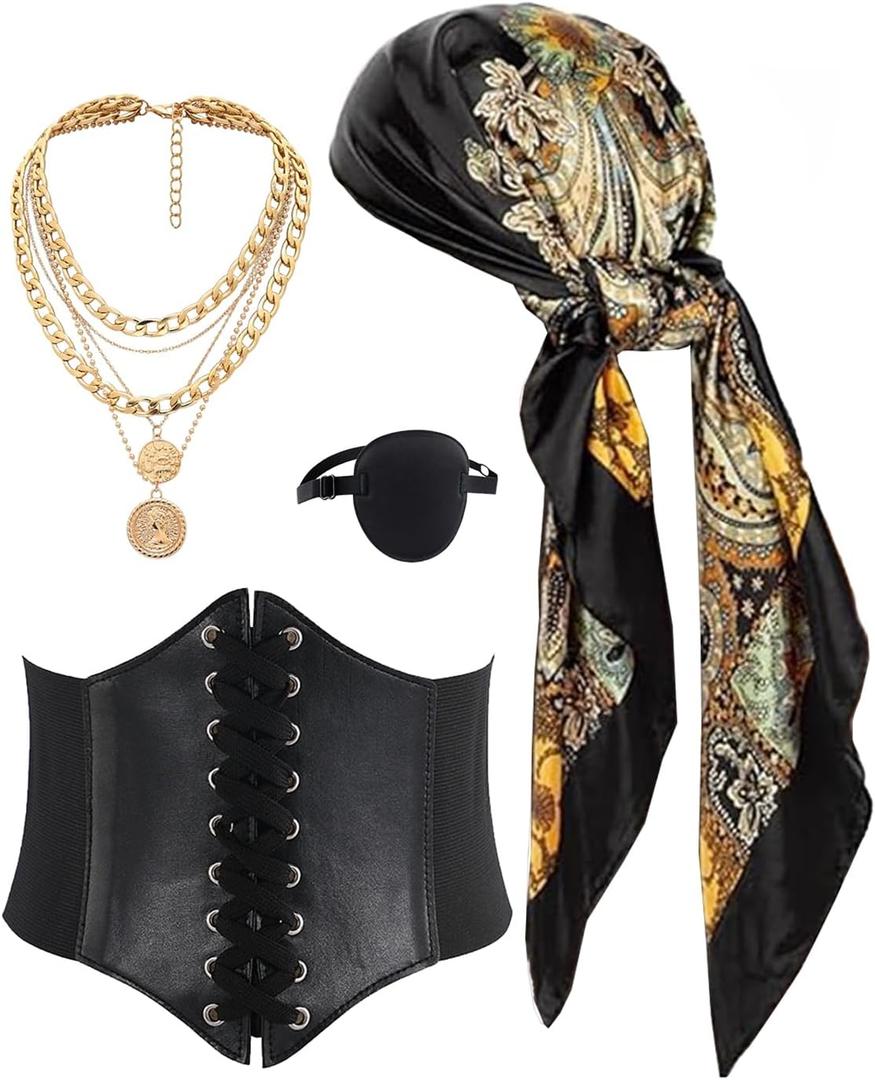Kasahara Pirate Costume Accessories Women Pirate Bandanas Head Scarf Eye Patch Medieval Corset Necklace Jewelry (Black 02)