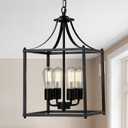 4-Light Black Chandelier Light Fixture, Modern Farmhouse Pendant Lights Kitchen Island, Industrial Iron Lantern Cage Chandelier Ceiling Hanging Lights for Kitchen Dining Room Entryway, E26 Socket