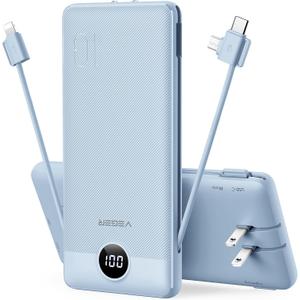 VEGER Portable Charger with Built-in AC Plug and Cables, All in One 10000mAh Ultra Slim Power Bank Travel Essentials, Fast Charging Battery Pack Compatible with iPhone, Samsung, Android (Blue)