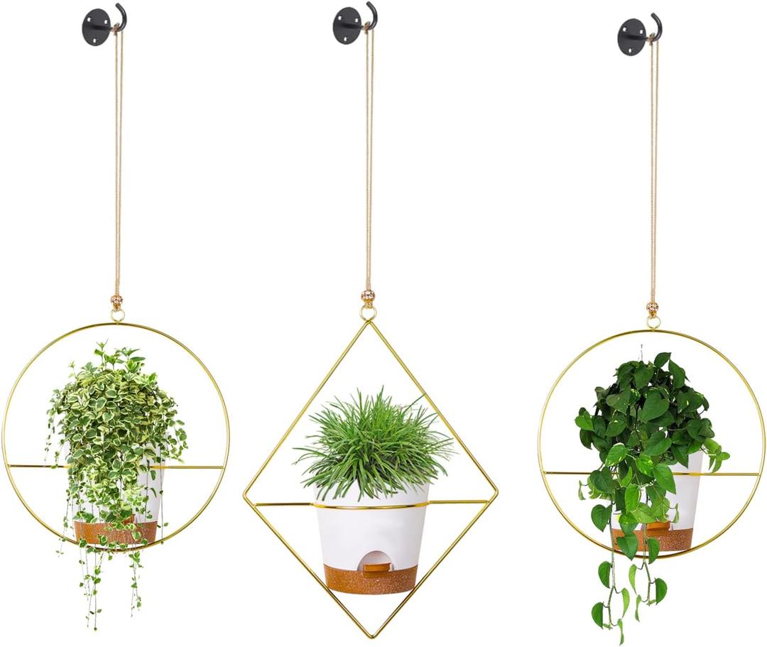 3 Pack Boho Hanging Planter with Metal Plant Hanger & Self Watering Plant Pots for Indoor Outdoor Wall Window
