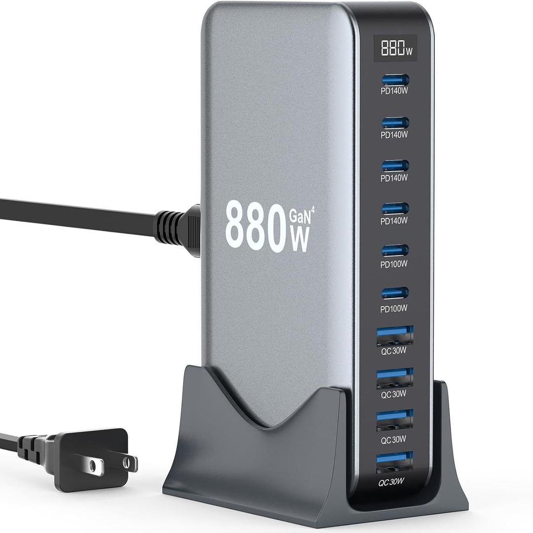 880W USB C Fast Charger Block, 10 Port USB Charging Station, GaN Pro 140W PD PPS Port for Multiple Devices,Laptop Wall Charger Compatible with DELL, HP, MacBook Pro,iPhone17/16 pro,Galaxy S24.