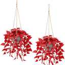 Christmas Hanging Plant, Fake Plants with Pots, 2 Pack Winter Artificial Plants, Faux Anthurium Leaf Basket for Wall Home Room Indoor Outdoor Decor (Red)