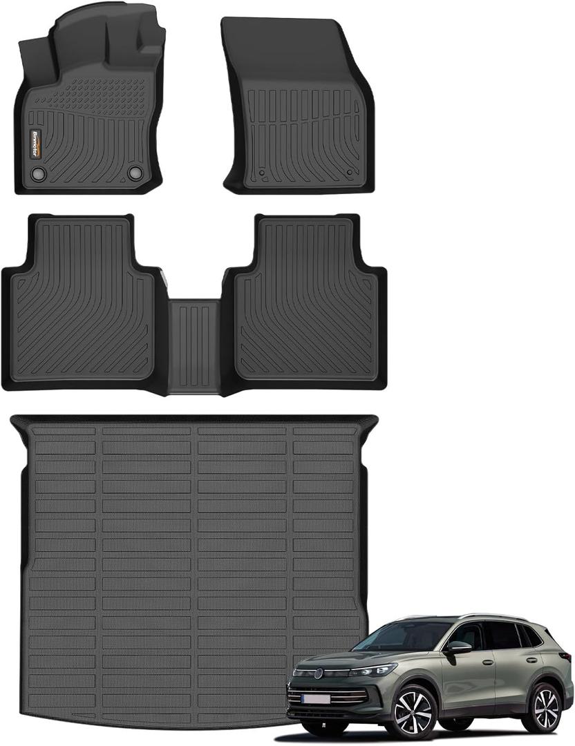 Binmotor-All Weather Car Floor Mats & Cargo Liner Set for Volkswagen Tiguan 2018-2024(Not for 2025), 5 Passenger1st & 2nd Row & Rear Cargo Mat TPE Rubber Liners for VW Tiguan Accessories
