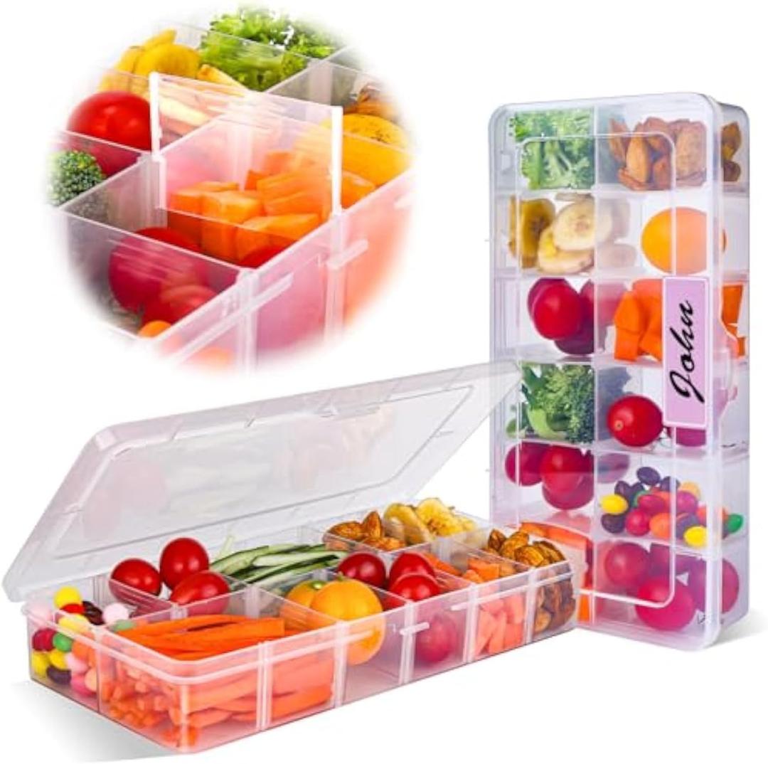 AIERSA (2 pack Snack Box Container for Adults-12 Compartments, Adjustable Divided Snackle Box, Bento Box Accessories with 60 Labels, Snack Boxes for Travel, Work, Clear (2PCS-10.28"x5.16"x1.69"-12 Compartments)