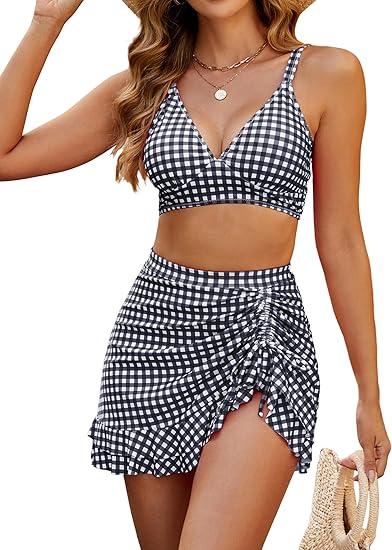 Blooming Jelly Women's High Waisted Bikini Sets Tummy Control Swim Skirt One Piece Swim Suit 2025 Retro Swimsuit(Black White Plaid,Large), Sirt not included