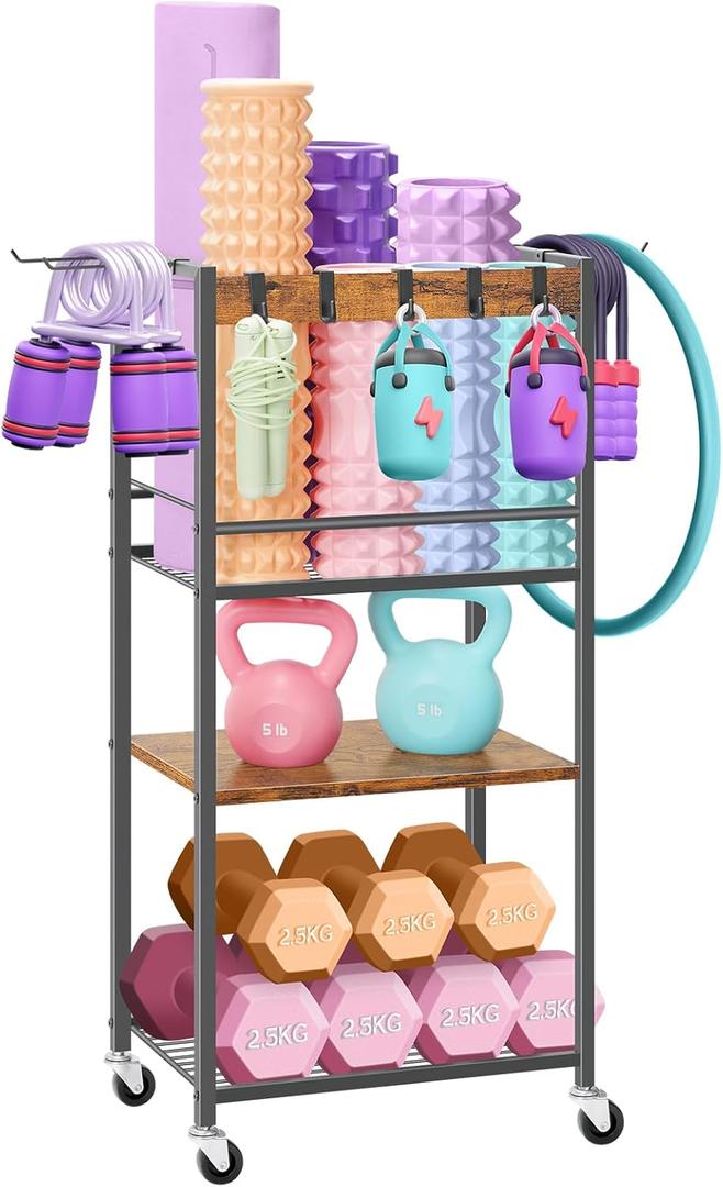 Home Gym Storage Rack, Heavy Duty Yoga Mat Holder Workout Equipment Storage Organizer Weight Rack with Hooks & Wheels for Dumbbells Kettlebells Dumbbell Yoga Block Foam Rollers Yoga Strap Resistance Bands, Fitness Exercise Equipment (Brown)