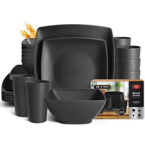 Teivio 24-piece Plastic Wheat Straw Square Dinnerware Set for 6, Unbreakable Dinner Plates, Salad Plates, Snack Bowls, Tumblers 13.5 oz, Dishwasher Safe, Outdoor Kitchen RV Dishes, Black
