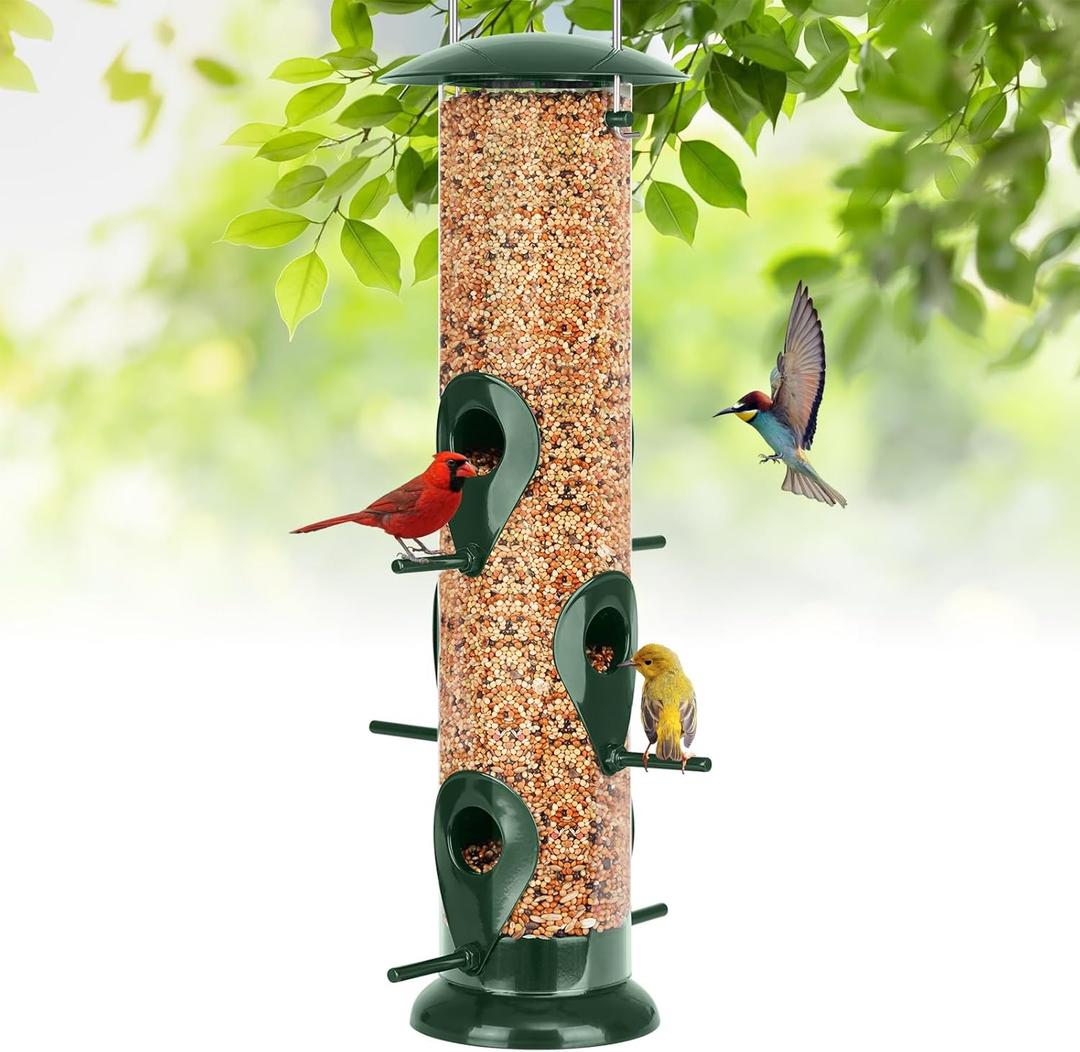 FEED GARDEN Metal Bird Feeder - 6 Port Tube Feeder for Outdoors, Heavy Duty Squirrel Proof with Metal Lid, Easy Fill & Clean, Weather Resistant, 13 Inch