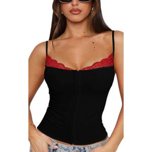 Women’s Slim Fit Sleeveless Lace Trim Tank Top Cami for Date Night (Black, M)