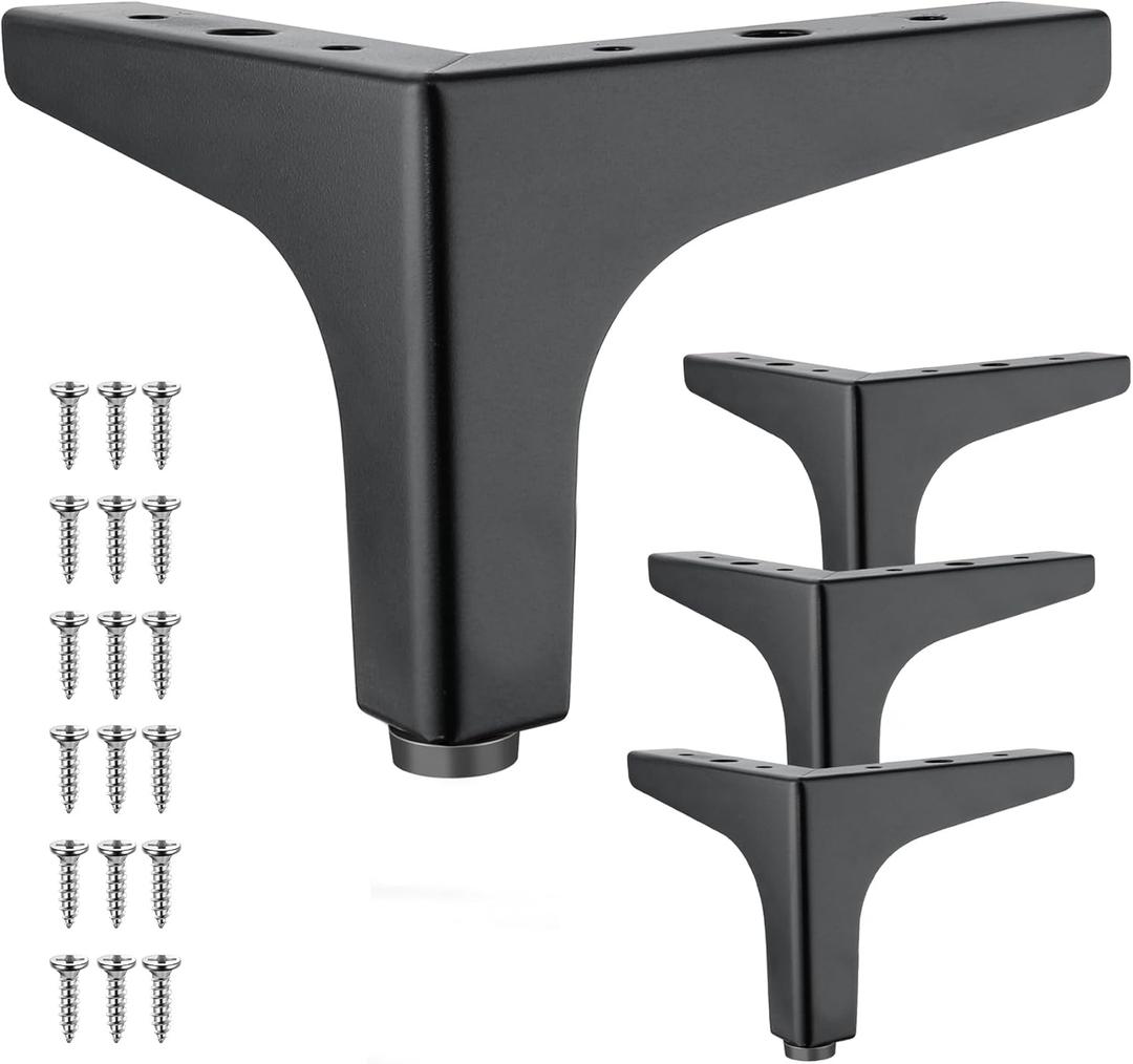 4 Pcs 4 Inch Metal Furniture Legs, Modern Style Furniture Sofa Legs Metal Matte Black Triangle Feet for Table Cupboard Sofa Couch Chair DIY Replacement Feet - with Rubber Floor Protectors