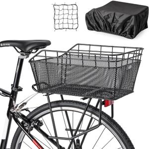 Rear Bike Basket - Large Bicycle Rear Basket with Cargo Net and Waterproof Cover, Wire Bike Baskets Rear Large Capacity (NO Bike Rack Include)