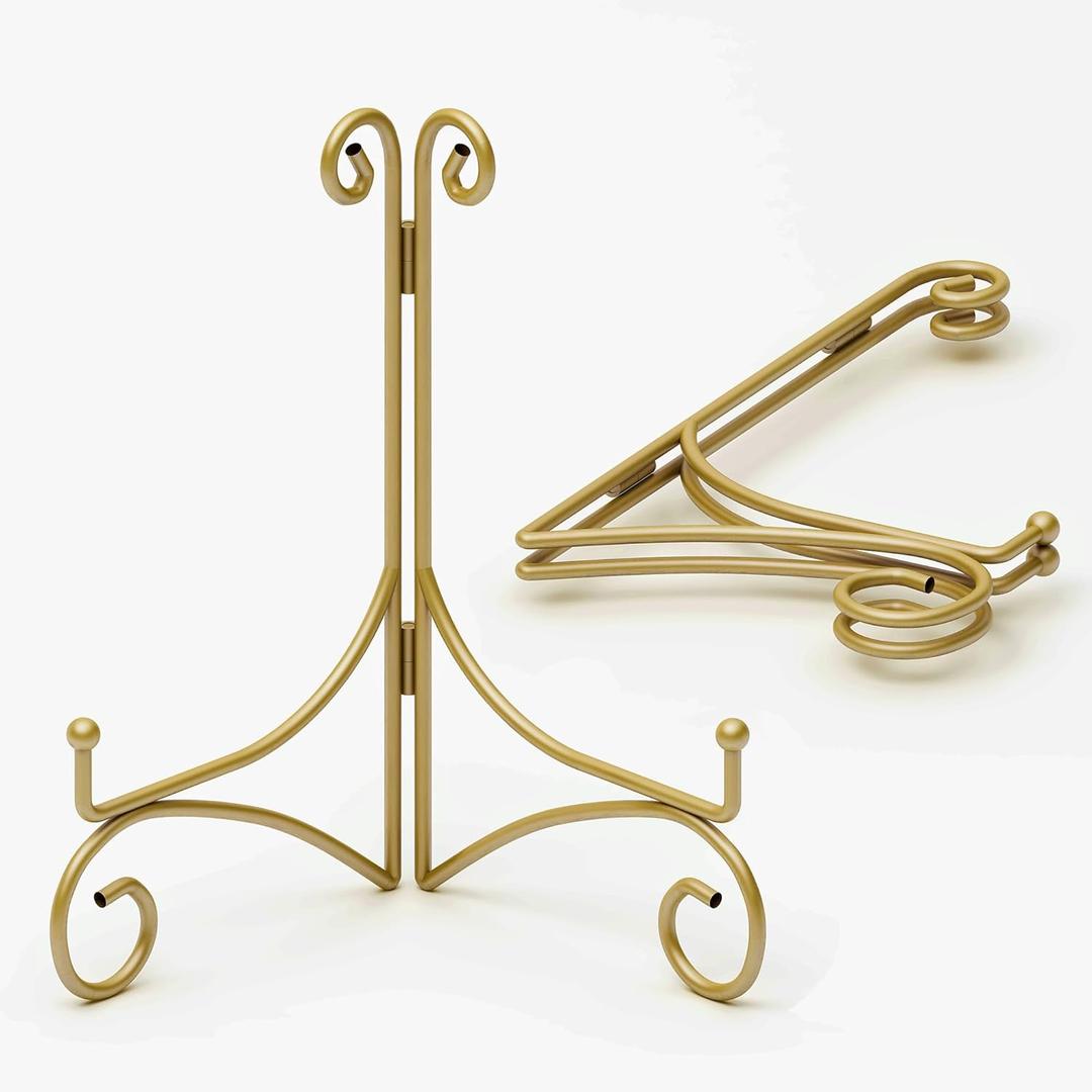 Iron Plate Stand for Display with Folding Design, Picture Stands for Tables, 12 Inch Large Easels for Displaying for Book, Art Piece, Photo and Platter, 12 Gold, 2-Pack