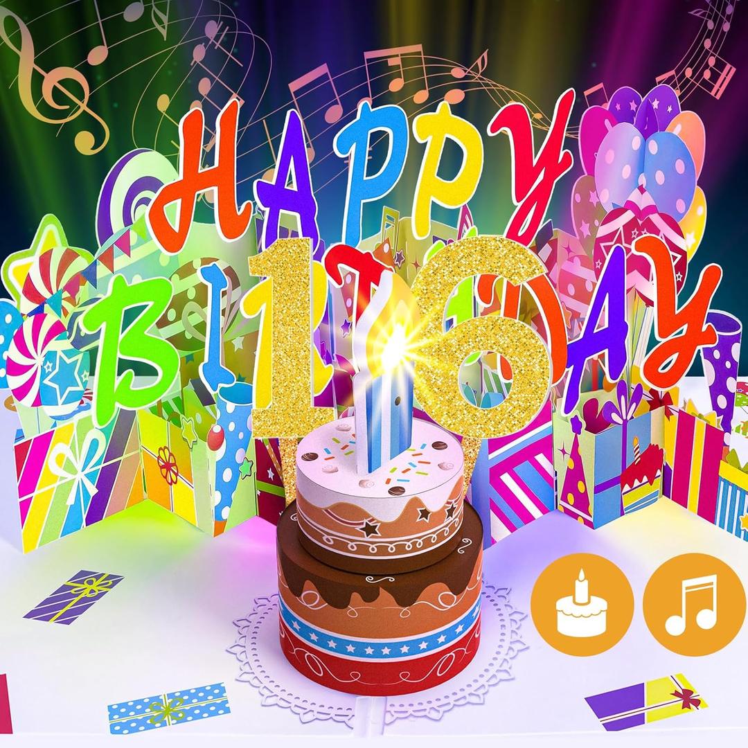 Gumry Sweet 16 Musical 3D Birthday Card, Blowable Musical Birthday PopUp Card with Colorful Light Candle Song, Happy 16th Birthday Gifts Decorations for 16 Years Old Girls Boys Son Daughter