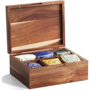 Acacia Wood Tea Bag Organizers, Tea and Sugar Packet Storage Chest with Lid, Wooden Teabag Holder Containers,Storage Box Teabox with 6 Compartments (Six grids, Brown)