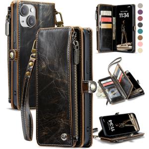 Defencase Compatible with iPhone 14 Plus Case Wallet with RFID Blocking Card Holder for Women Men, Soft PU Leather Magnetic Snap Flip Zipper Strap Wallet Phone Case Fit for iPhone 14 Plus 6.7", Coffee
