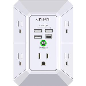 Wall Charger, Surge Protector, QINLIANF 5 Outlet Extender with 4 USB Charging Ports (4.8A Total) 3-Sided 1680J Power Strip Multi Plug Adapter Spaced for Home Travel Office (3U1C) (White)
