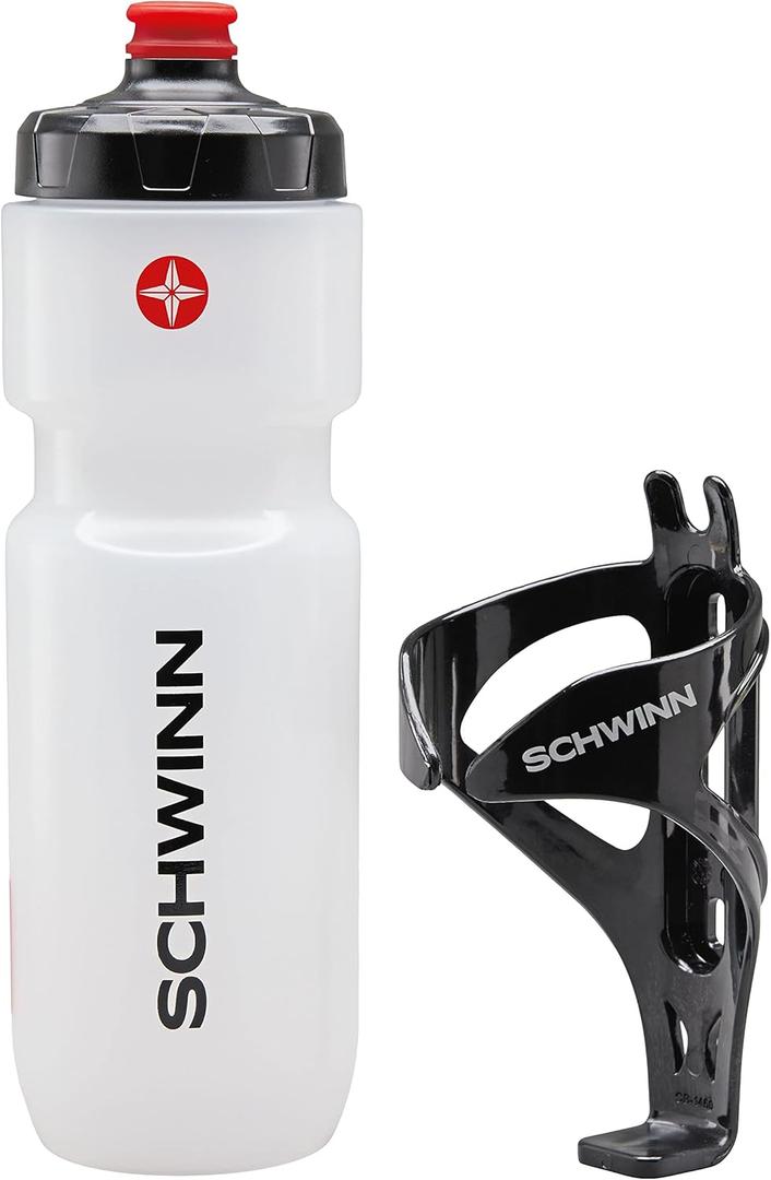 Schwinn Translucent Sport Water Bottle and Bottle Holder Combo, 26 oz or 750 ml, BPA-Free Squeeze Sport Bottle with Ounce Markers, Easy to Attach Polymer Cage (26 Ounces, Multi-colored Translucent Water Bottle)