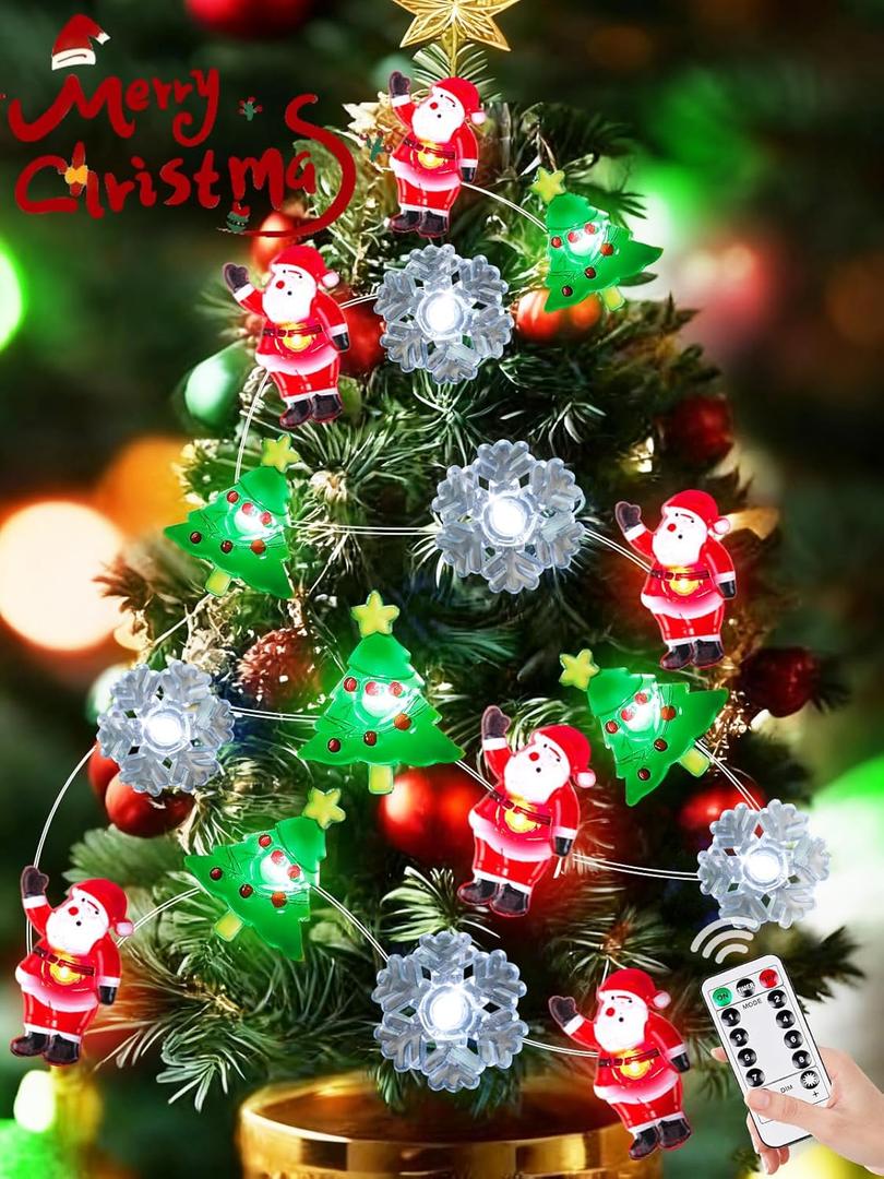 Christmas String Lights Decoration, 10ft 30LED Christmas Tree Santa Snowflake Fairy Lights Battery Operated with Remote, 8 Modes & Timer, Twinkle Light for Xmas Tree Party Indoor Outdoor Decoration (Red Green White)