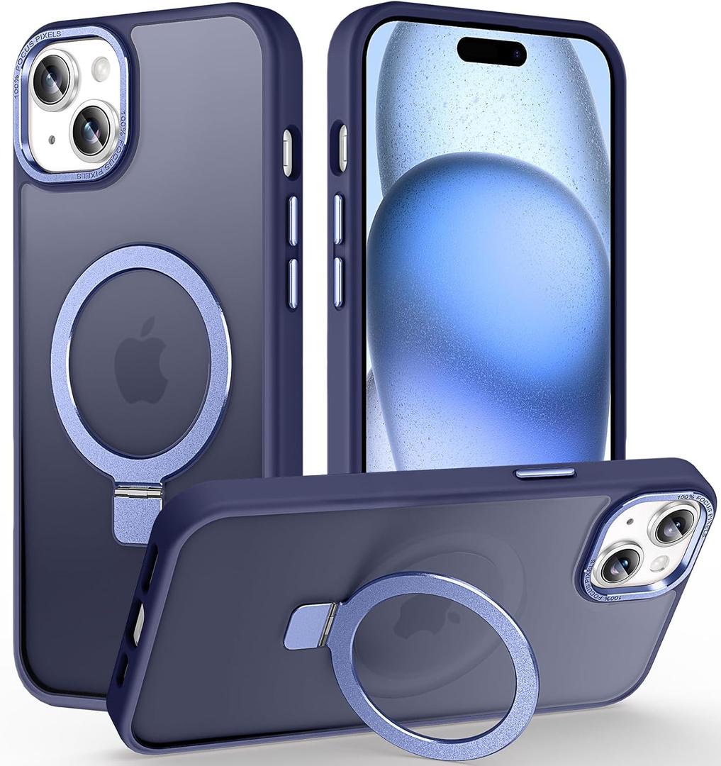 Magnetic for iPhone 15 Plus Case with Invisible Stand, [10 FT Drop Protection] [Velvety Touch] Slim Translucent Matte Back Shockproof Phone Case for iPhone 15 Plus 6.7'', Blue