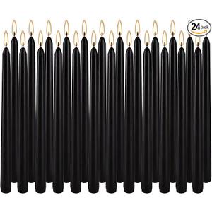 24 Pack Black Taper Candles, 7-8 Hours Burn Time, Unscented, Smokeless and Dripless, 0.75 x 10 Inch Dinner Candle Set for Halloween, Household, Wedding, Party and Home Décor Candlesticks