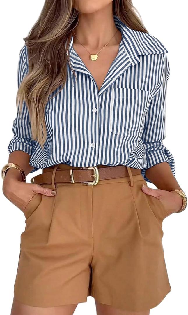 Siliteelon Button Down Dress Shirts for Women Striped Shirts Long Sleeve Casual Collared Office Work Shirt with Pocket Dark Blue and White, XS