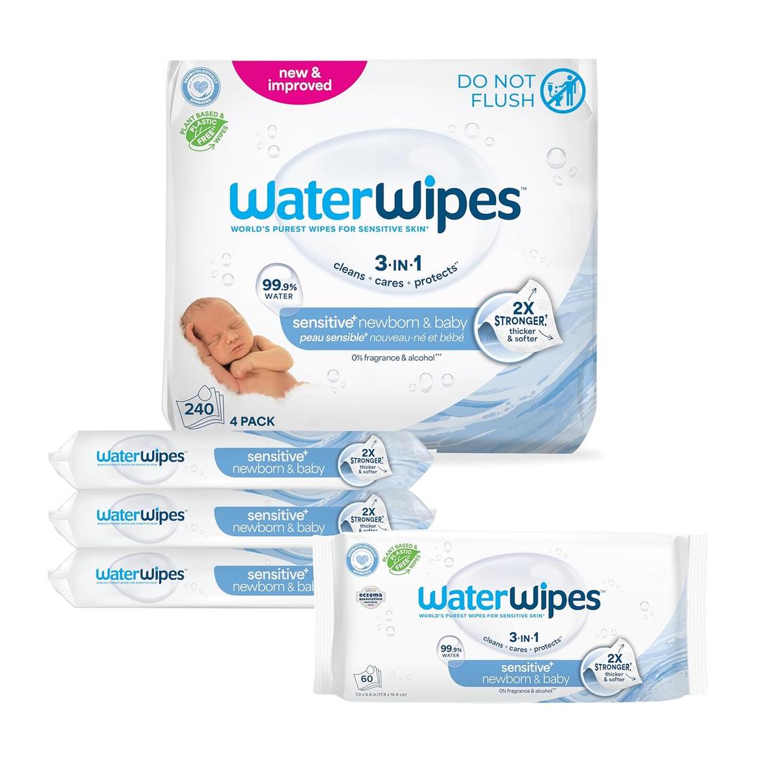 3 x WaterWipes Sensitive+ Newborn & Baby Wipes, 3-In-1 Cleans, Cares, Protects, 99.9% Water, Unscented & Hypoallergenic, 240 Count (4 Packs)