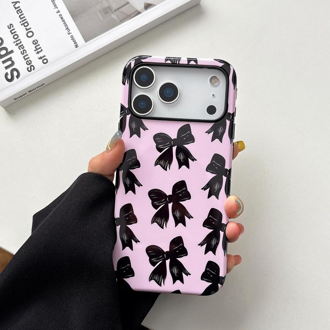 QLTYPRI Case for iPhone 17 Pro Max, Aesthetic Black Ribbon Bow Phone Case for Girls Women, Protective Hybrid 2-Layer Hard Shell Silicone Cover Durable Shockproof Phone Cover - Pink