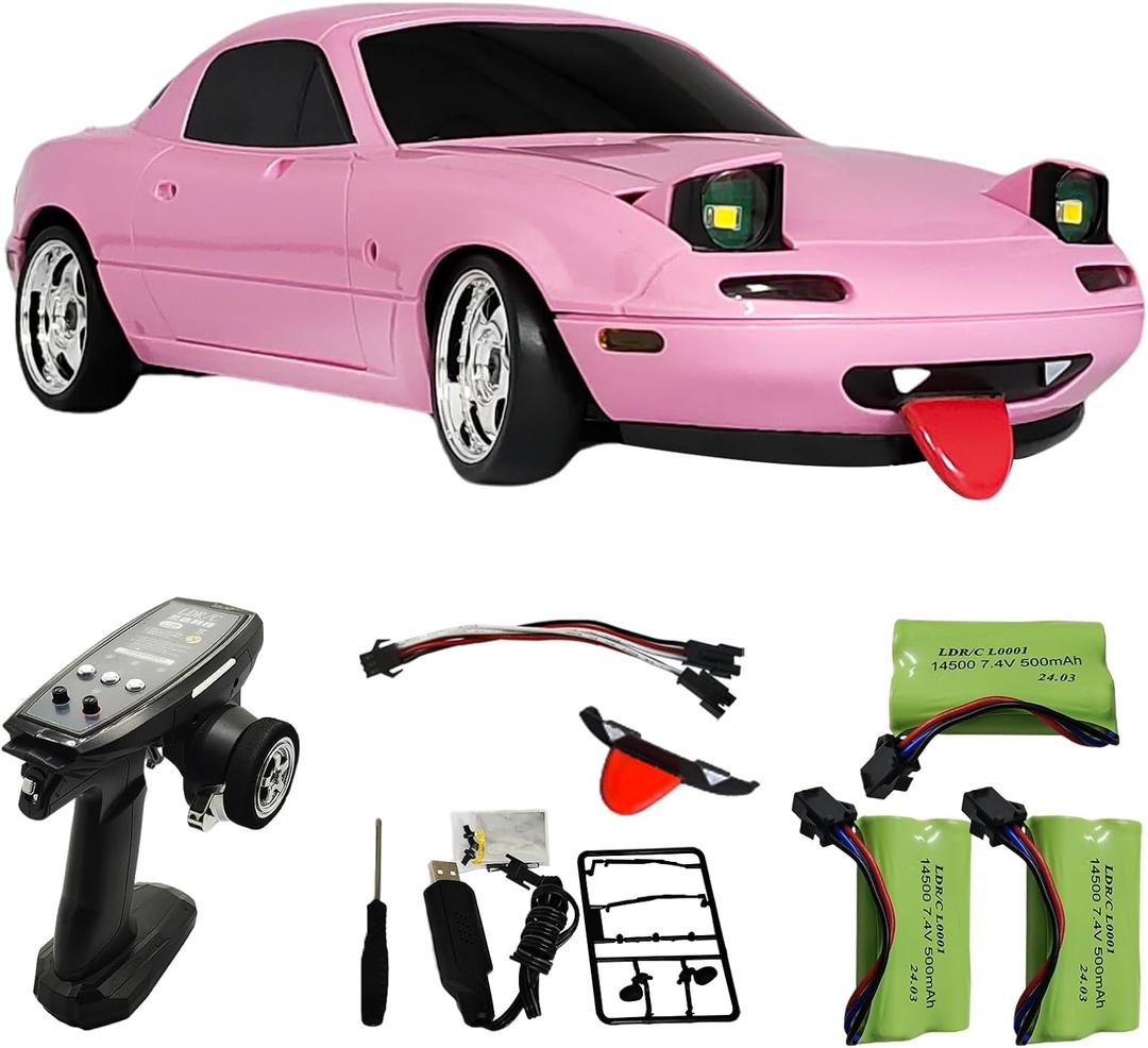 Skymaker LDRC Drift Car LD1804 1/18 Small Mazda MX-5 Model 2.4G RWD Drift Cars RC Miata for Adults with 3 Batteries ESP Gyroscope LED Lights (Pink)