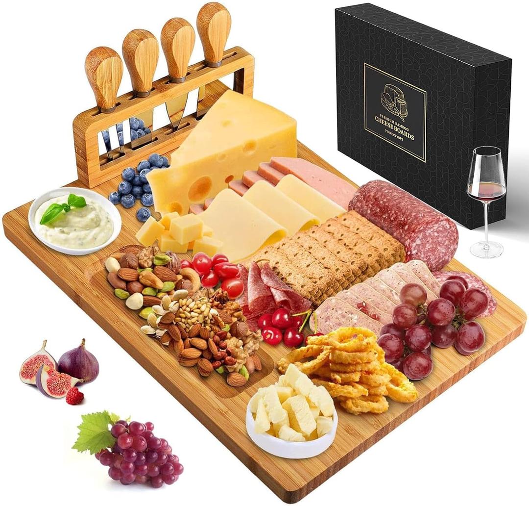 Xergur Bamboo Cheese Board Set - Charcuterie Boards and Serving Meat Platter, Cheese Tray with 4 Stainless Steel Cheese Knives Cutting Board Platter, Ideal for Halloween, Wedding, Christmas Gifts (14" x 11" x 0.6")