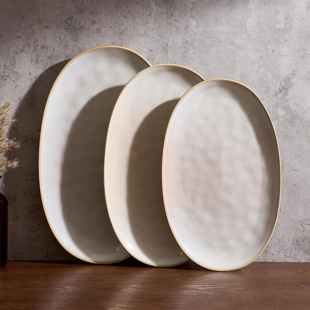 Famiware Serving Platter, Oval 15.59/14.3/12.9 inch Serving Dishes for Entertaining, Serving Bowls, Microwave Safe, Stonware Serving Trays for Party, Turkey, Cheese, Ocean Series, Cappuccino White