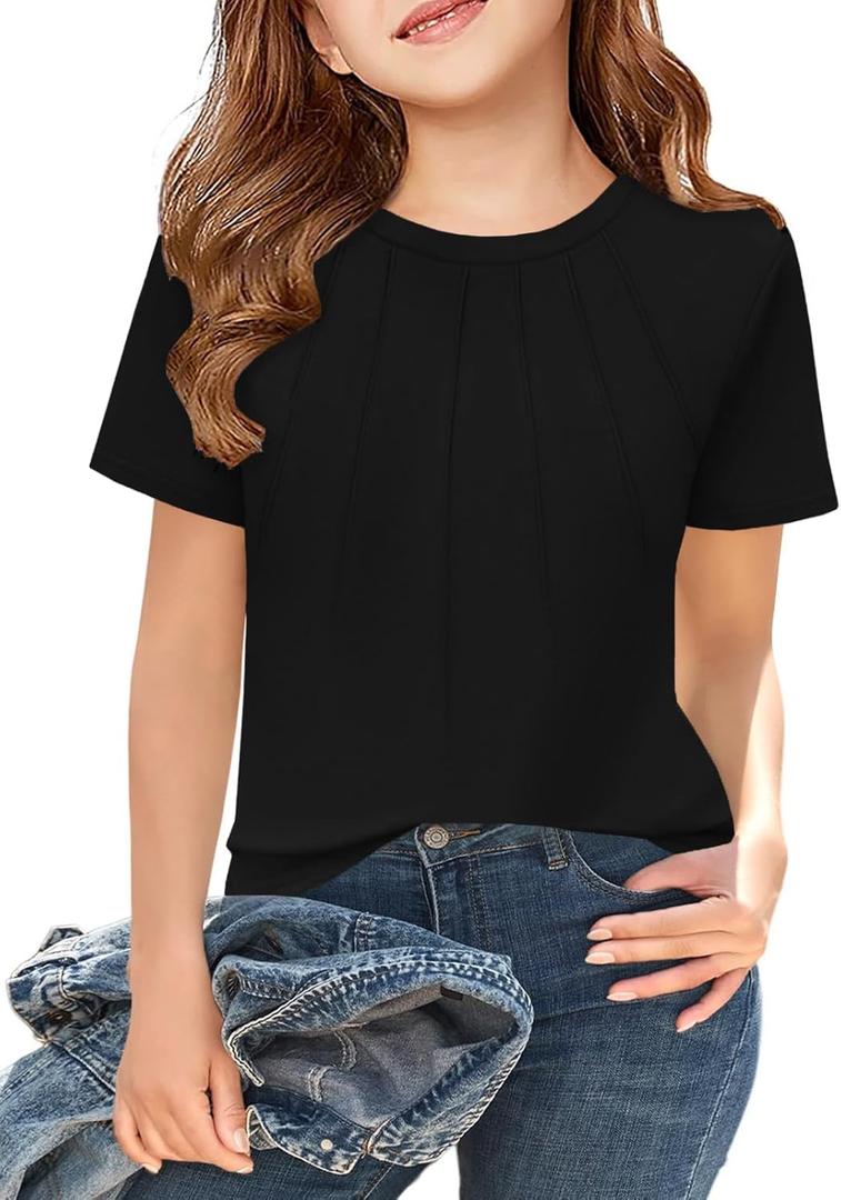 ZDC Girls' Short Sleeve Shirts Kids Crewneck T-Shirts Summer Tops Basic Tees 5-6 Years (Zdc-Black-02)